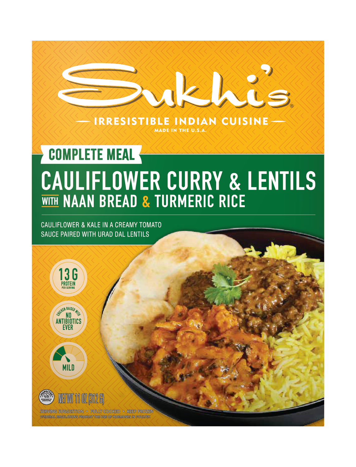 Cauliflower Curry & Lentils Frozen Meal with Naan & Turmeric Rice